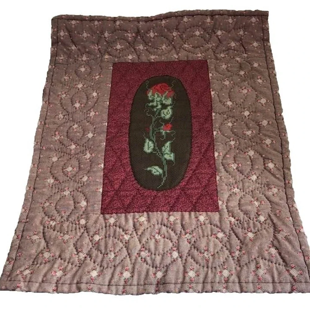 Wall Hanging Quilt Roses Cross Stitch Burgundy Handmade Vintage Handquilted